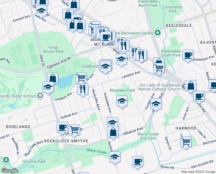map of restaurants, bars, coffee shops, grocery stores, and more near 50 Guestville Avenue in Toronto