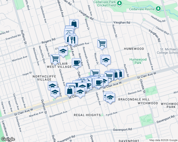 map of restaurants, bars, coffee shops, grocery stores, and more near 2 Roseneath Gardens in Toronto