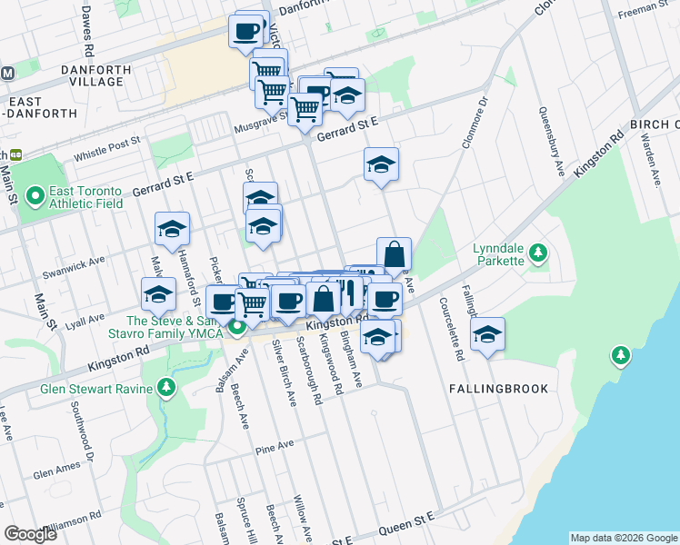 map of restaurants, bars, coffee shops, grocery stores, and more near 434 Victoria Park Avenue in Toronto