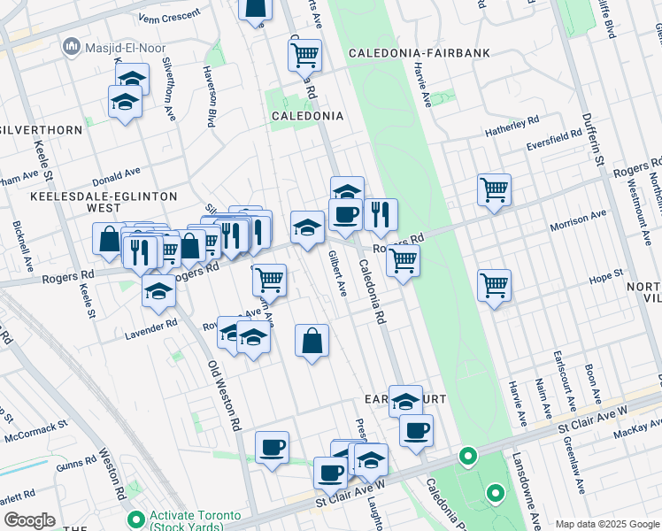 map of restaurants, bars, coffee shops, grocery stores, and more near 202 Gilbert Avenue in Toronto