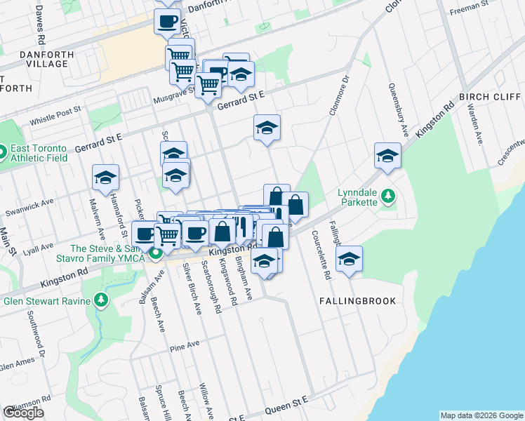 map of restaurants, bars, coffee shops, grocery stores, and more near 23 Beachdale Avenue in Toronto