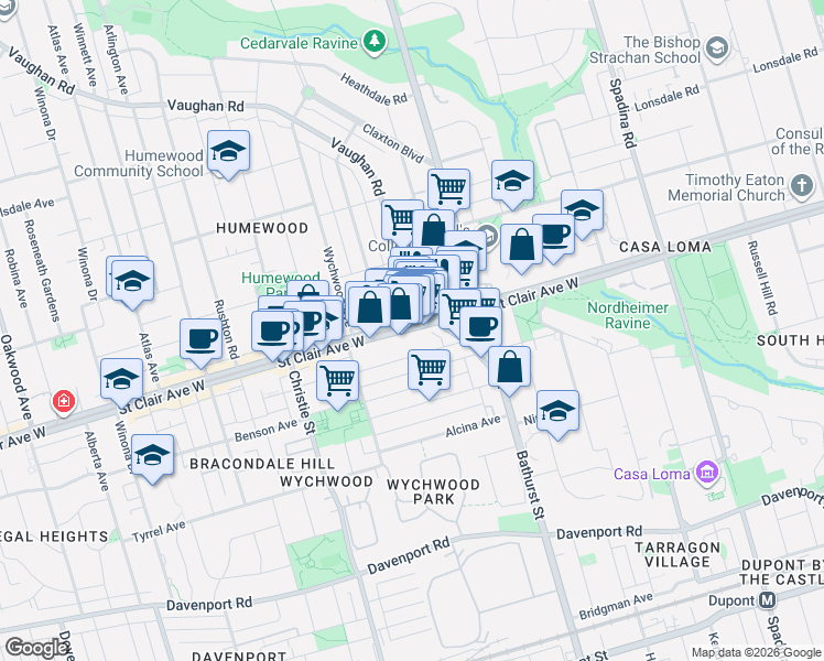 map of restaurants, bars, coffee shops, grocery stores, and more near 555 Saint Clair Avenue West in Toronto