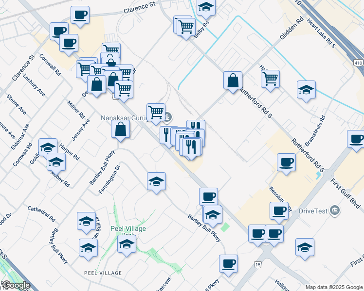map of restaurants, bars, coffee shops, grocery stores, and more near 287 Glidden Road in Brampton