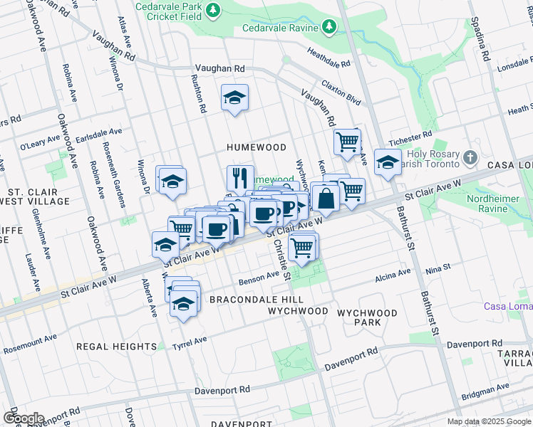 map of restaurants, bars, coffee shops, grocery stores, and more near in Toronto
