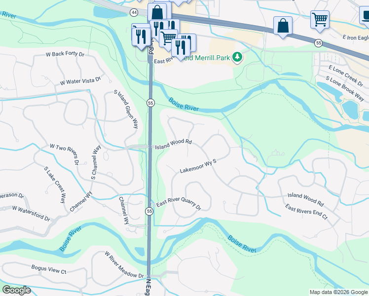 map of restaurants, bars, coffee shops, grocery stores, and more near 1353 South Gosling Place in Eagle