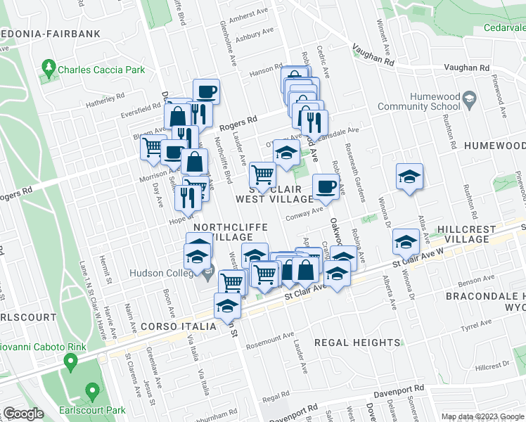 map of restaurants, bars, coffee shops, grocery stores, and more near 277 Lauder Avenue in Toronto