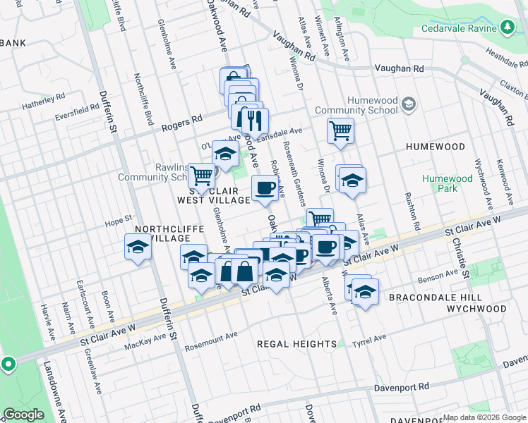 map of restaurants, bars, coffee shops, grocery stores, and more near 228 Oakwood Avenue in Toronto