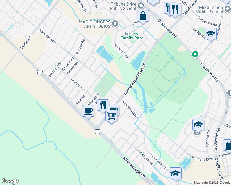 map of restaurants, bars, coffee shops, grocery stores, and more near 215 Veterans Drive in Brampton