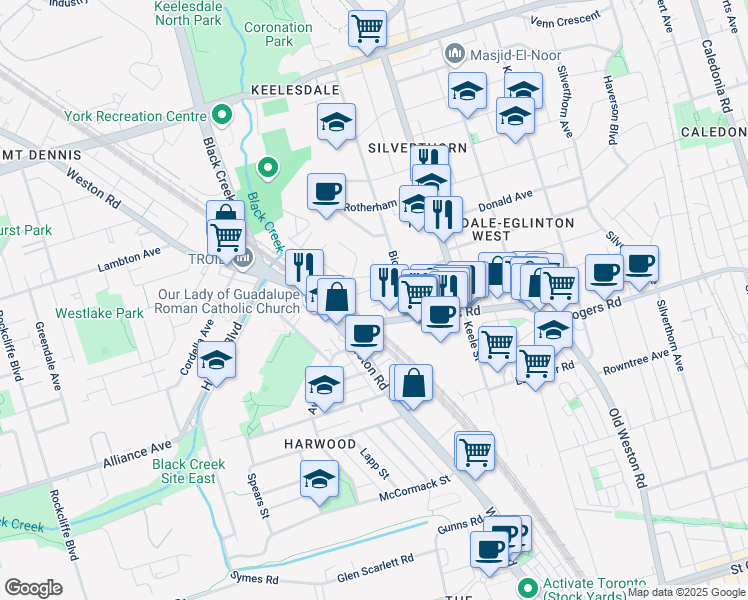 map of restaurants, bars, coffee shops, grocery stores, and more near 25 Nashville Avenue in Toronto