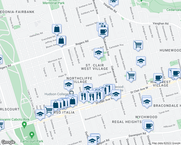 map of restaurants, bars, coffee shops, grocery stores, and more near 300 Lauder Avenue in Toronto