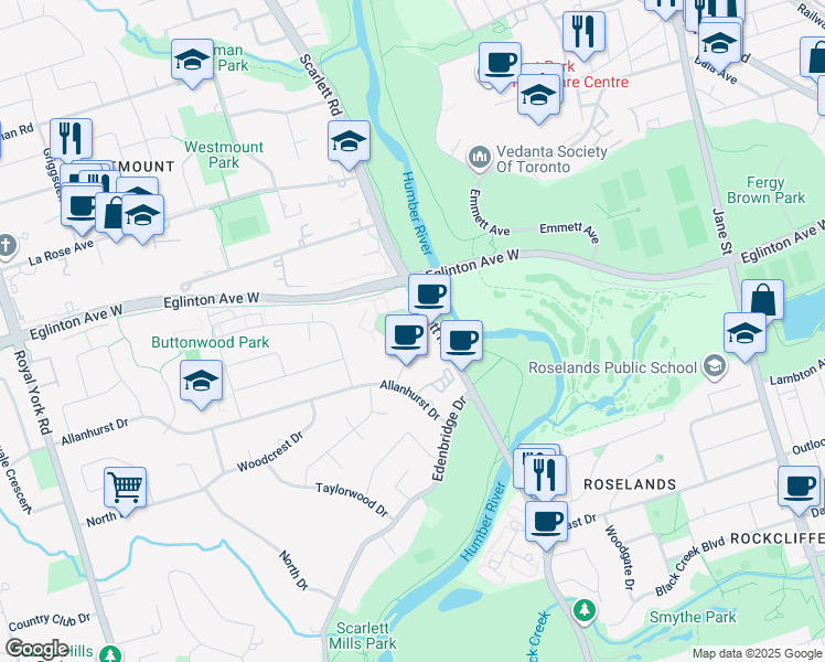 map of restaurants, bars, coffee shops, grocery stores, and more near in Toronto