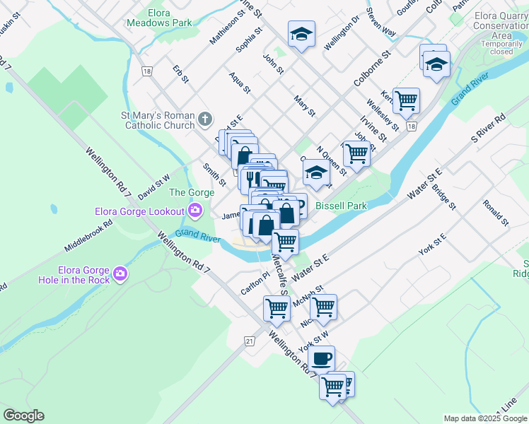 map of restaurants, bars, coffee shops, grocery stores, and more near in Elora