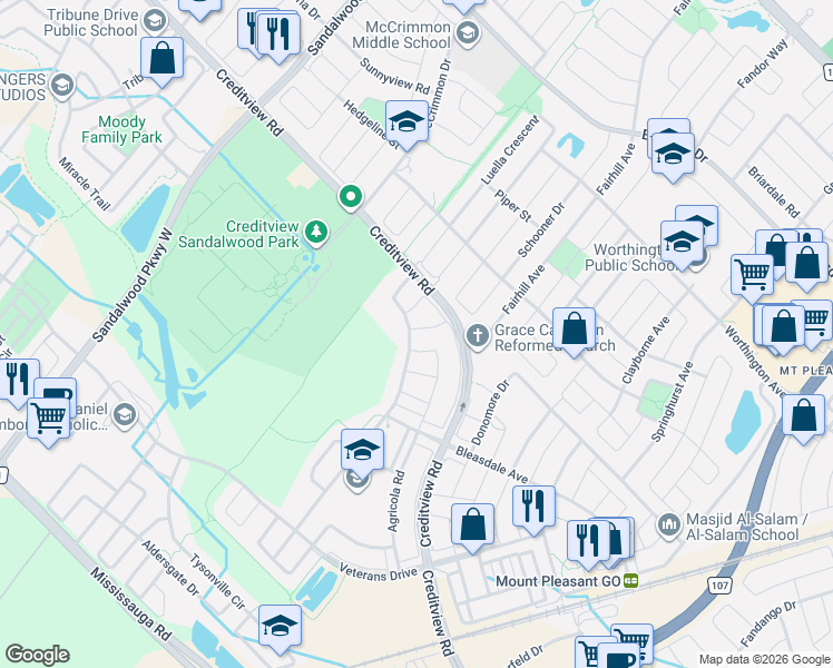 map of restaurants, bars, coffee shops, grocery stores, and more near 36 Platform Crescent in Brampton