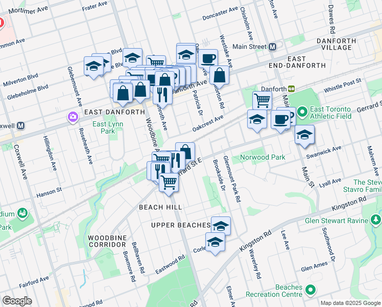 map of restaurants, bars, coffee shops, grocery stores, and more near 211 Golfview Avenue in Toronto