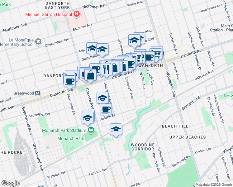 map of restaurants, bars, coffee shops, grocery stores, and more near 133 Drayton Avenue in Toronto