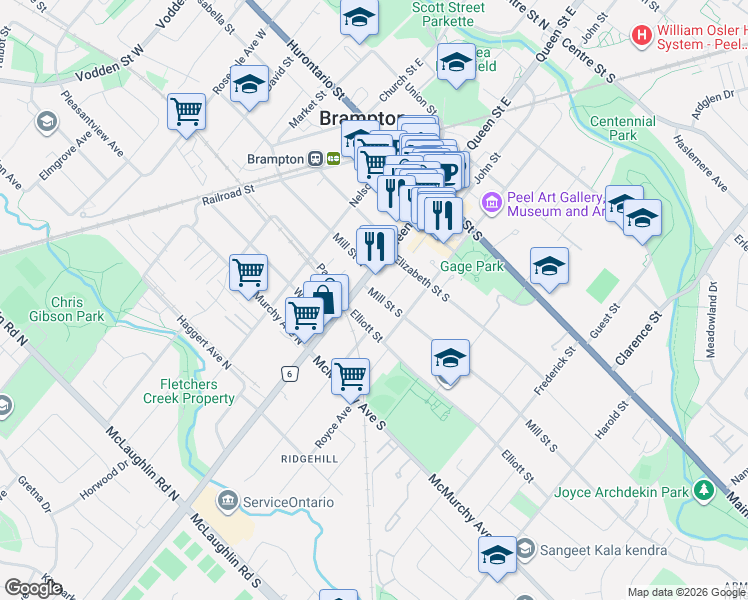 map of restaurants, bars, coffee shops, grocery stores, and more near 3 Mill Street South in Brampton
