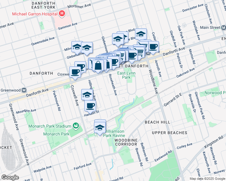 map of restaurants, bars, coffee shops, grocery stores, and more near 56 Roseheath Avenue in Toronto