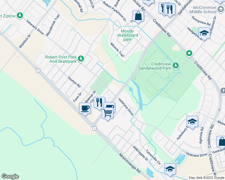 map of restaurants, bars, coffee shops, grocery stores, and more near 215 Veterans Drive in Brampton