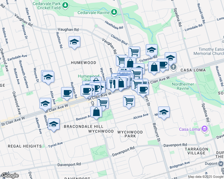 map of restaurants, bars, coffee shops, grocery stores, and more near in Toronto
