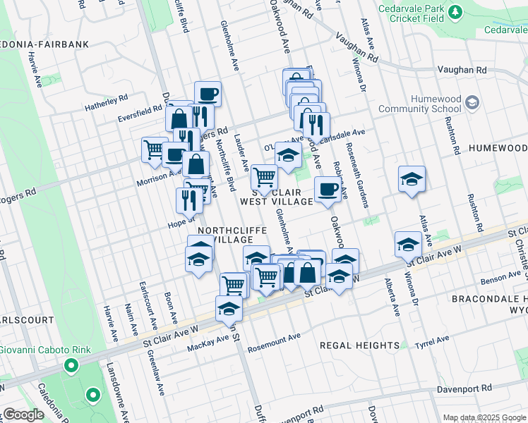 map of restaurants, bars, coffee shops, grocery stores, and more near 279 Lauder Avenue in Toronto