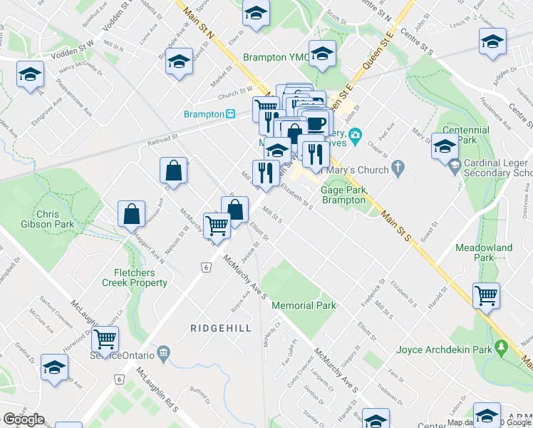 map of restaurants, bars, coffee shops, grocery stores, and more near 3 Mill Street South in Brampton