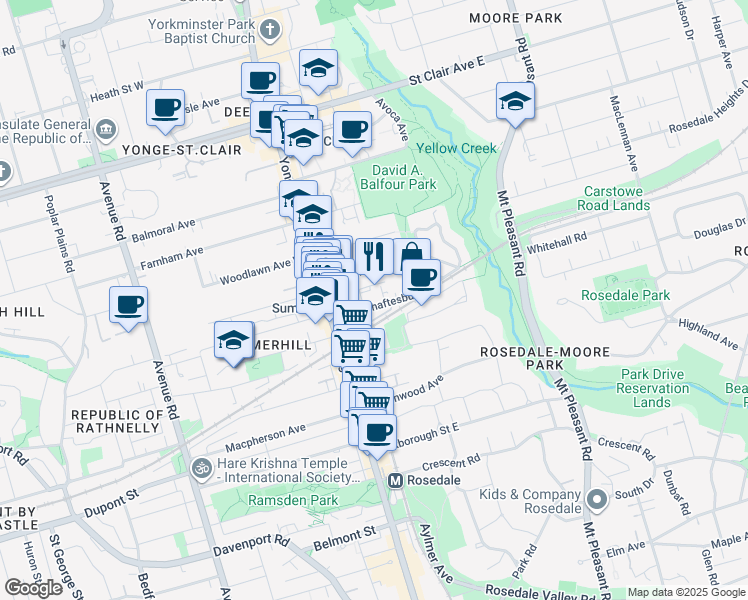 map of restaurants, bars, coffee shops, grocery stores, and more near 48 Shaftesbury Avenue in Toronto