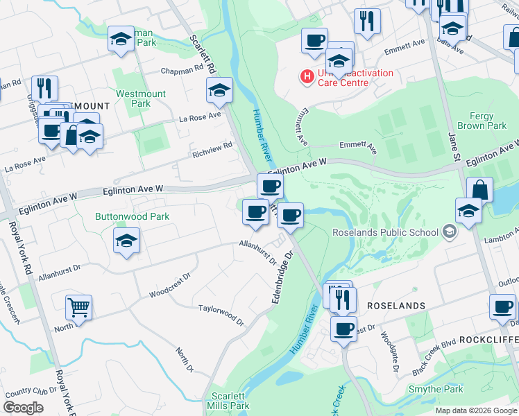 map of restaurants, bars, coffee shops, grocery stores, and more near 25 Fontenay Court in Toronto