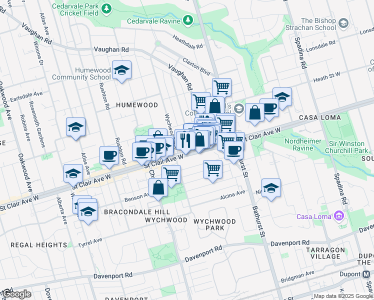 map of restaurants, bars, coffee shops, grocery stores, and more near in Toronto