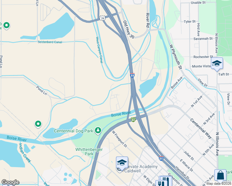 map of restaurants, bars, coffee shops, grocery stores, and more near 21381 Shady River Lane in Caldwell