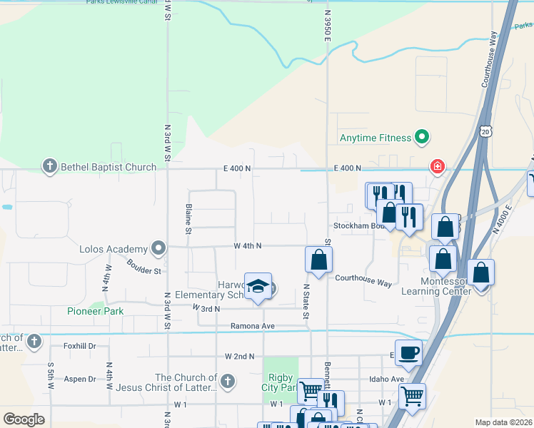 map of restaurants, bars, coffee shops, grocery stores, and more near 555 Bitter Root Street in Rigby