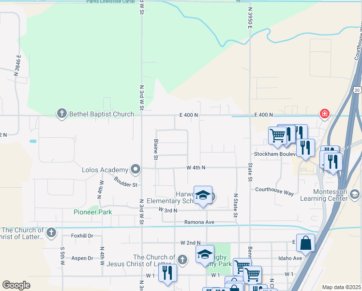 map of restaurants, bars, coffee shops, grocery stores, and more near 619 Marian Street in Rigby