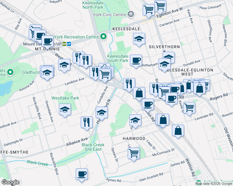 map of restaurants, bars, coffee shops, grocery stores, and more near 11 Humber Boulevard South in Toronto