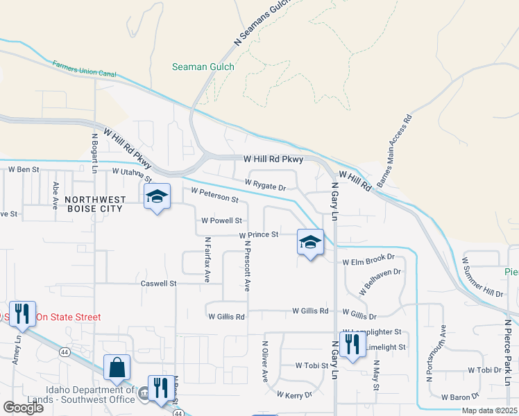 map of restaurants, bars, coffee shops, grocery stores, and more near 7800 West Peterson Street in Boise