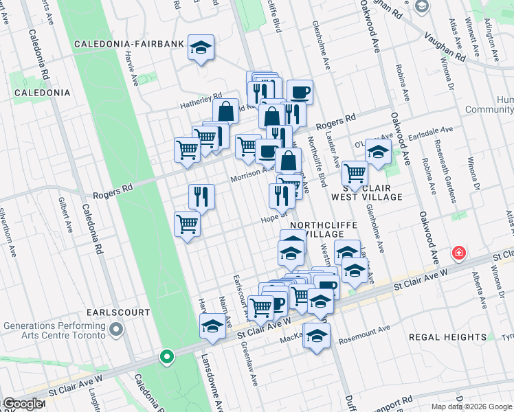 map of restaurants, bars, coffee shops, grocery stores, and more near 67 Day Avenue in Toronto