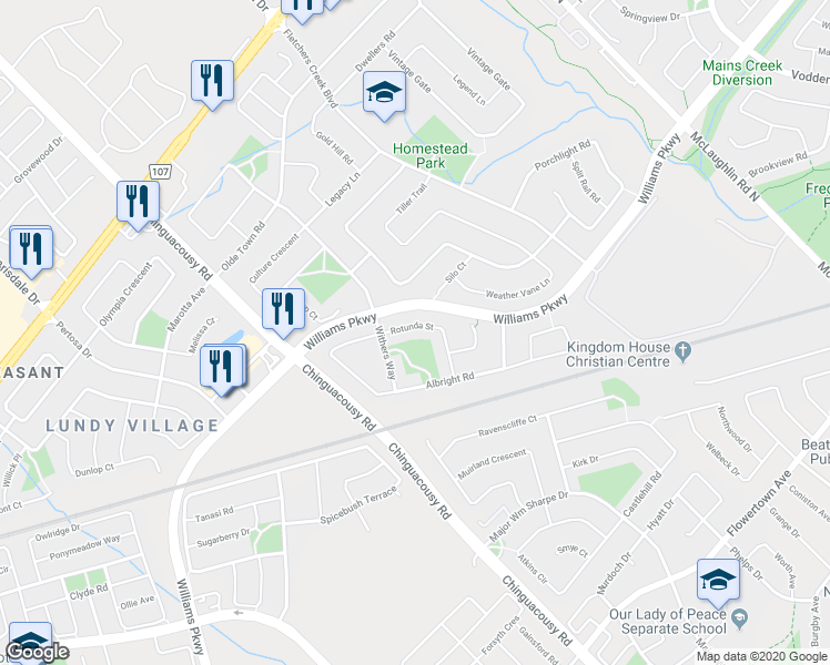 map of restaurants, bars, coffee shops, grocery stores, and more near 27 Rotunda Street in Brampton