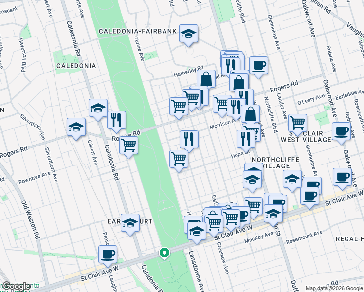 map of restaurants, bars, coffee shops, grocery stores, and more near 210 Nairn Avenue in Toronto