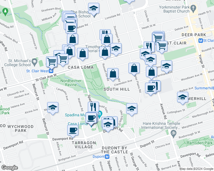 map of restaurants, bars, coffee shops, grocery stores, and more near 210 Russell Hill Road in Toronto