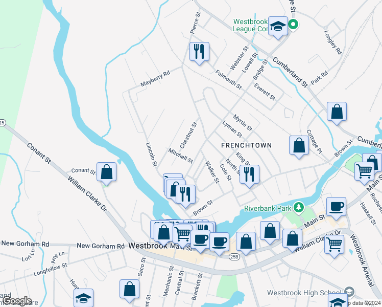 map of restaurants, bars, coffee shops, grocery stores, and more near 50 Chestnut Street in Westbrook