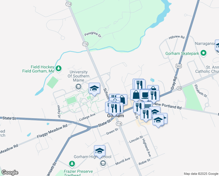 map of restaurants, bars, coffee shops, grocery stores, and more near 9 Millett Drive in Gorham