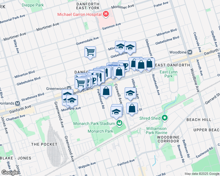 map of restaurants, bars, coffee shops, grocery stores, and more near in Toronto