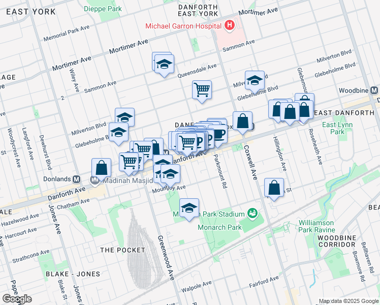 map of restaurants, bars, coffee shops, grocery stores, and more near in Toronto