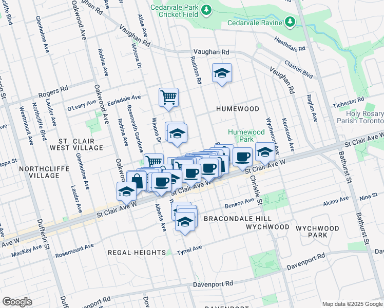 map of restaurants, bars, coffee shops, grocery stores, and more near 47 Atlas Avenue in Toronto