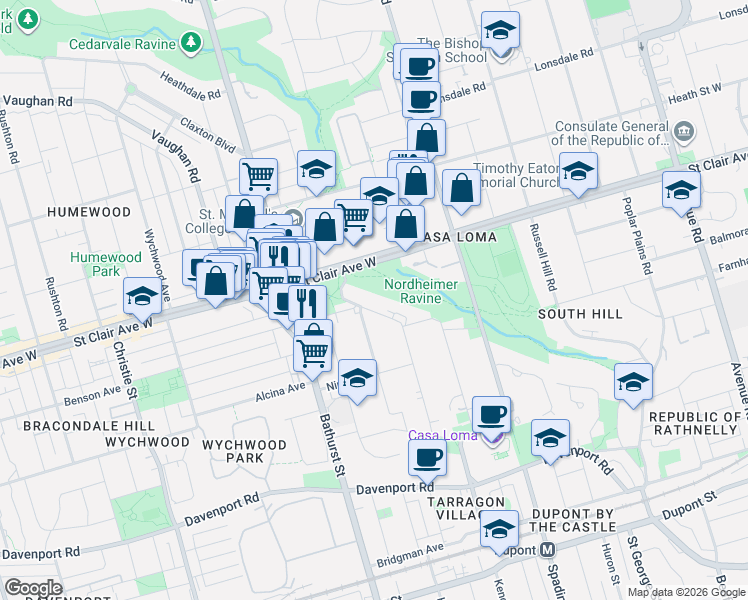 map of restaurants, bars, coffee shops, grocery stores, and more near 177 Lyndhurst Avenue in Toronto