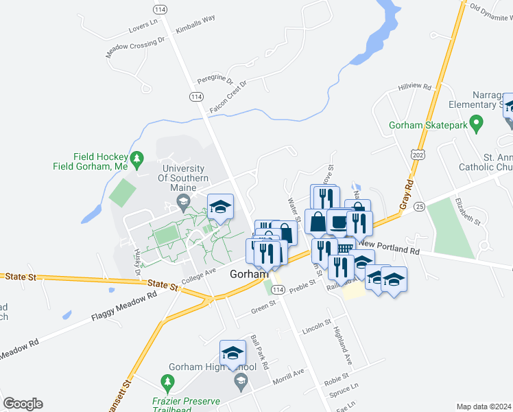 map of restaurants, bars, coffee shops, grocery stores, and more near 9 Millett Drive in Gorham