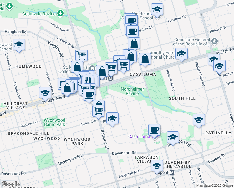 map of restaurants, bars, coffee shops, grocery stores, and more near 177 Lyndhurst Avenue in Toronto