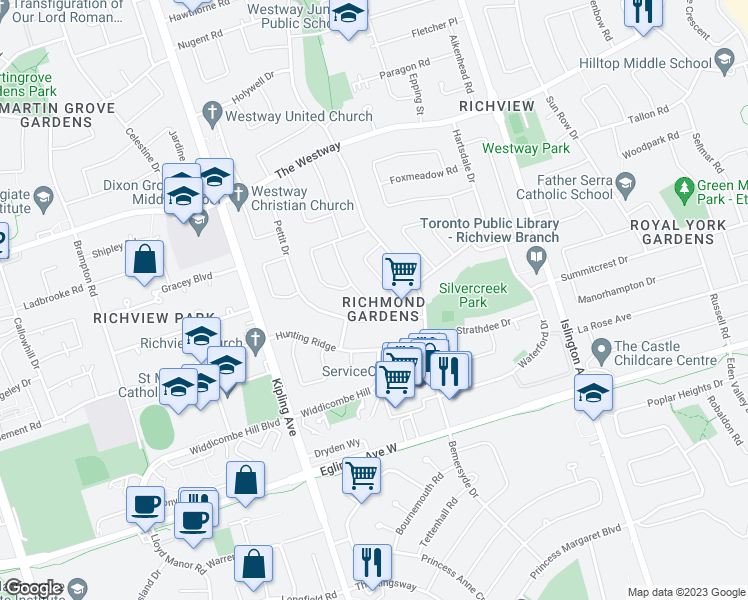 map of restaurants, bars, coffee shops, grocery stores, and more near 5 Muirdale Avenue in Toronto
