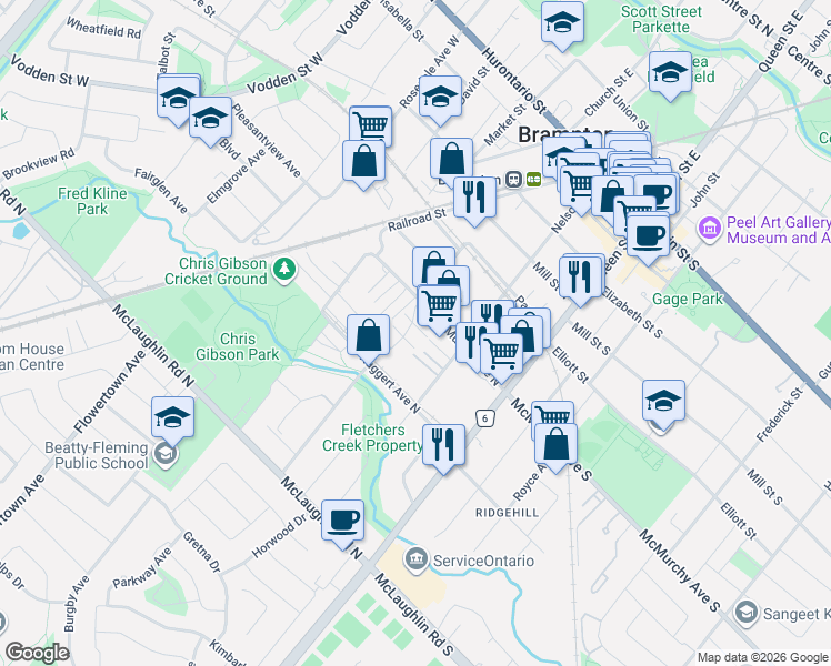 map of restaurants, bars, coffee shops, grocery stores, and more near 27 Denison Avenue in Brampton