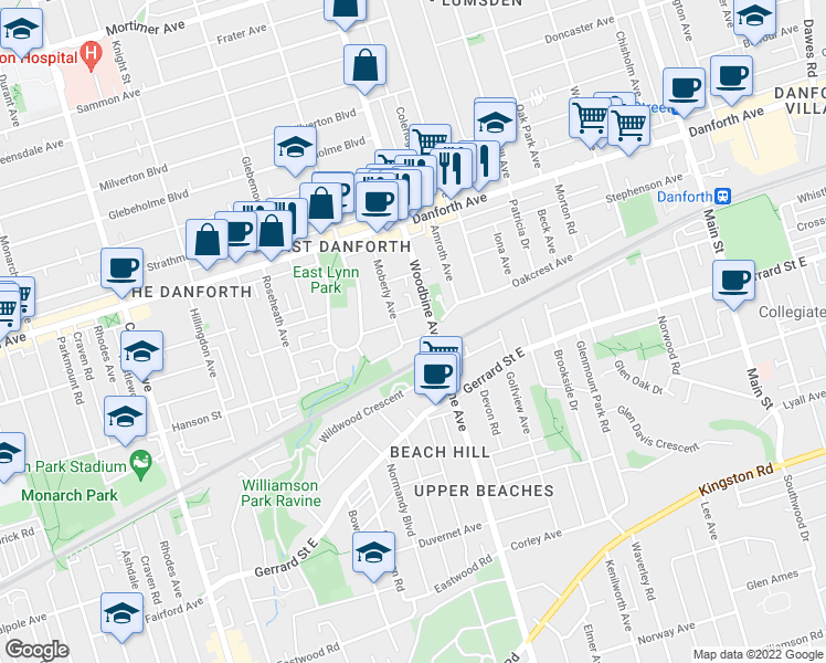 map of restaurants, bars, coffee shops, grocery stores, and more near 52 Aldergrove Avenue in Toronto