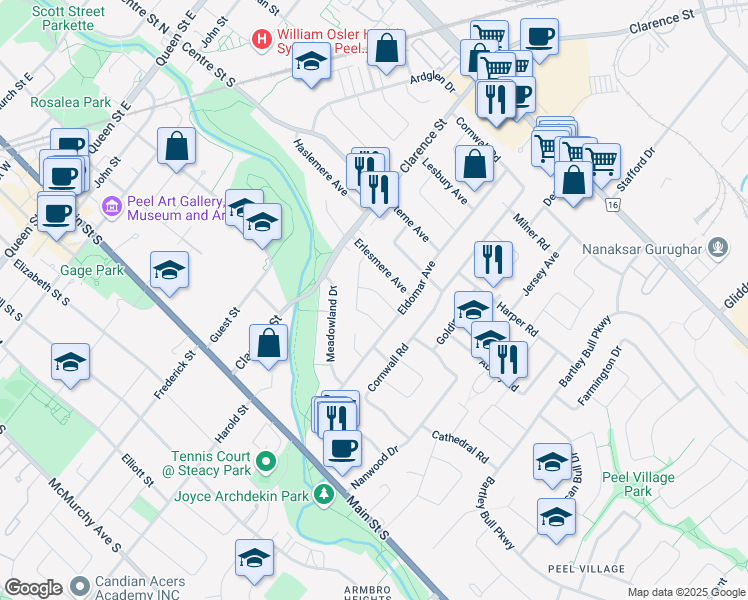 map of restaurants, bars, coffee shops, grocery stores, and more near 12 Avonmore Street in Brampton