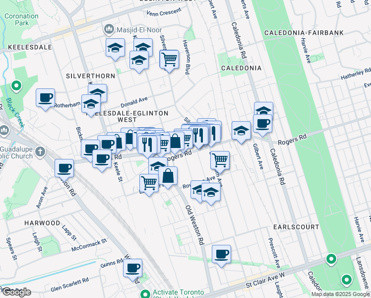 map of restaurants, bars, coffee shops, grocery stores, and more near in Toronto